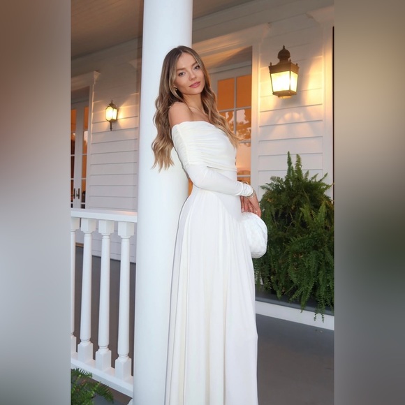 Off Shoulder Ruched Midi Dress in Ivory - Picture 7 of 10